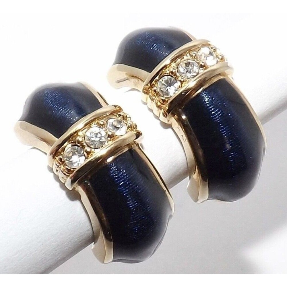 Vintage Swarovski Swan Logo Crystal & Enamel Hoop Design Pierced Earrings